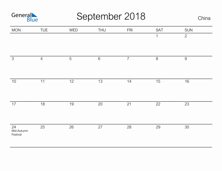 Printable September 2018 Calendar for China