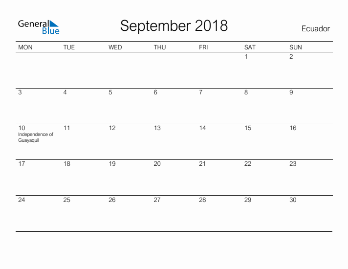 Printable September 2018 Calendar for Ecuador