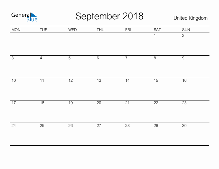 Printable September 2018 Calendar for United Kingdom