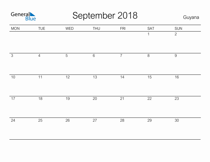 Printable September 2018 Calendar for Guyana