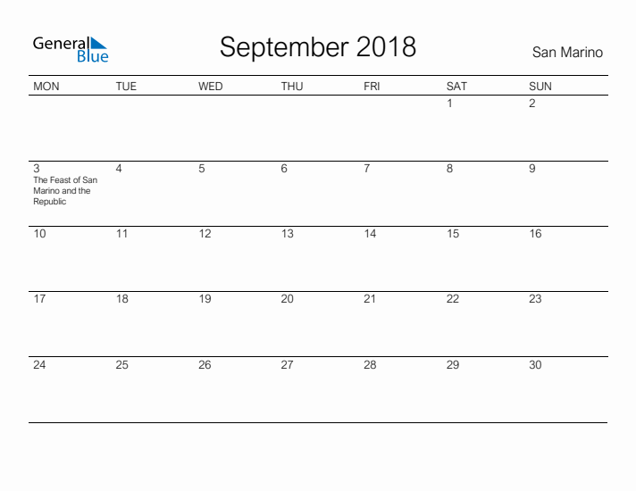 Printable September 2018 Calendar for San Marino