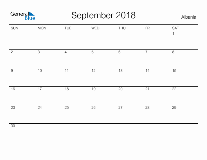 Printable September 2018 Calendar for Albania