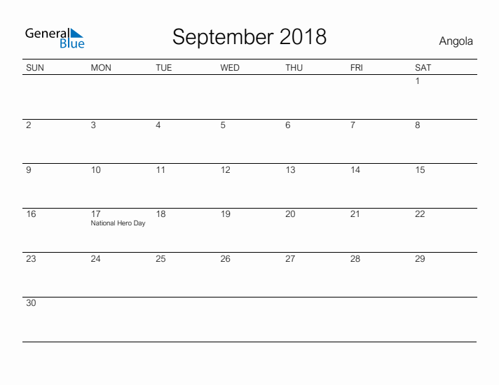 Printable September 2018 Calendar for Angola