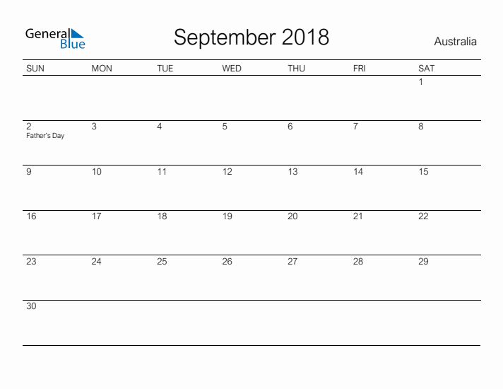 Printable September 2018 Calendar for Australia