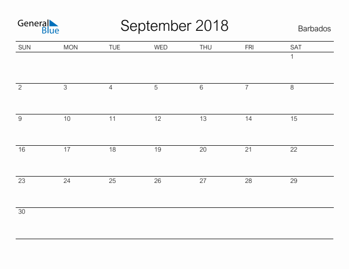 Printable September 2018 Calendar for Barbados