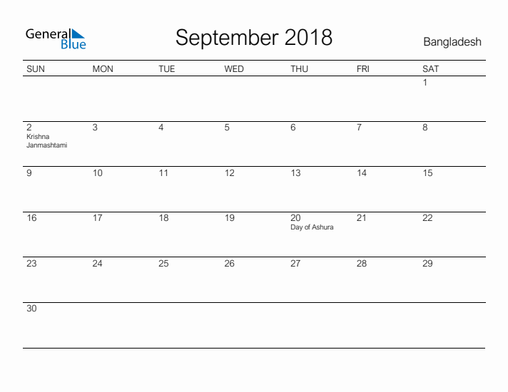 Printable September 2018 Calendar for Bangladesh