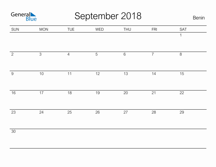 Printable September 2018 Calendar for Benin