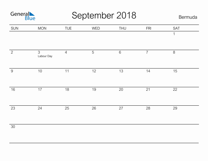 Printable September 2018 Calendar for Bermuda