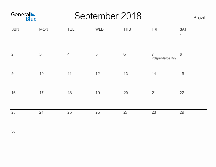 Printable September 2018 Calendar for Brazil