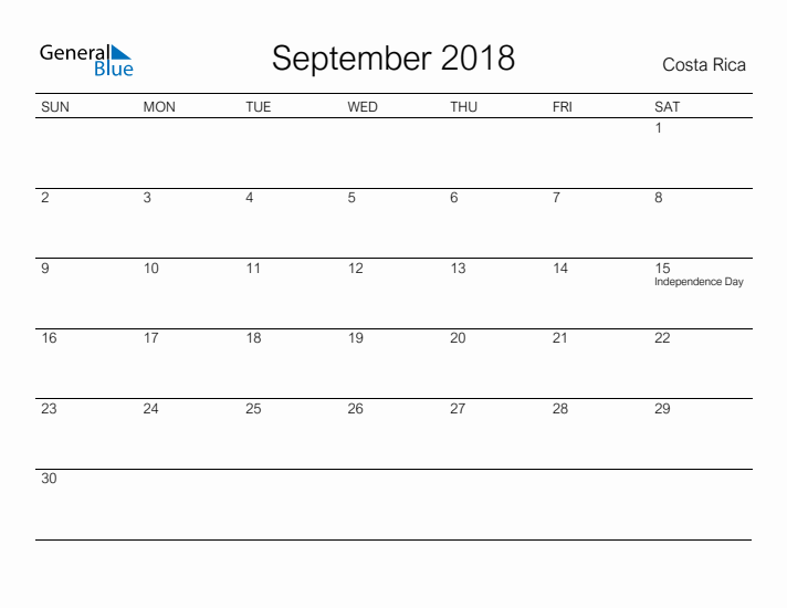 Printable September 2018 Calendar for Costa Rica