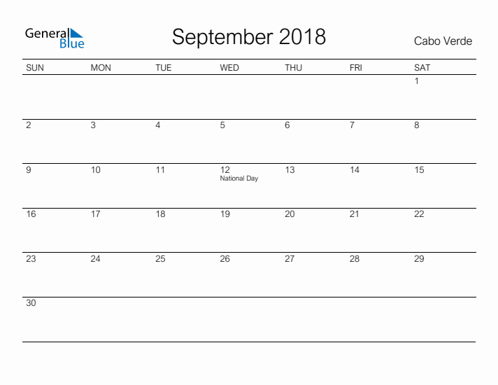 Printable September 2018 Calendar for Cabo Verde