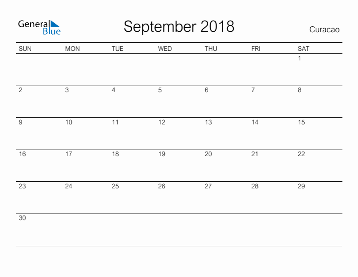 Printable September 2018 Calendar for Curacao