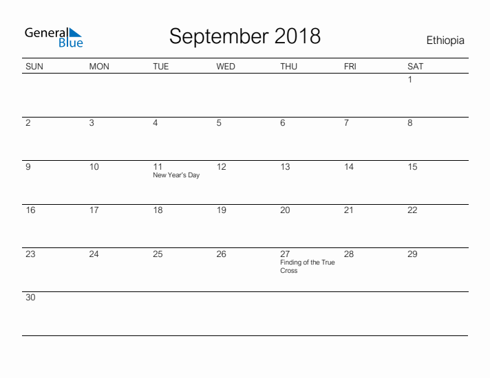 Printable September 2018 Calendar for Ethiopia