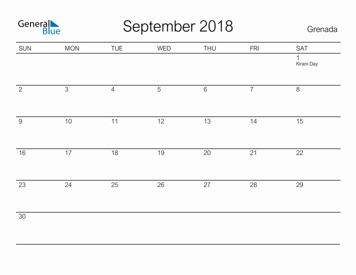 Printable September 2018 Calendar for Grenada