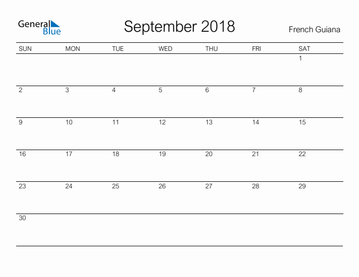 Printable September 2018 Calendar for French Guiana