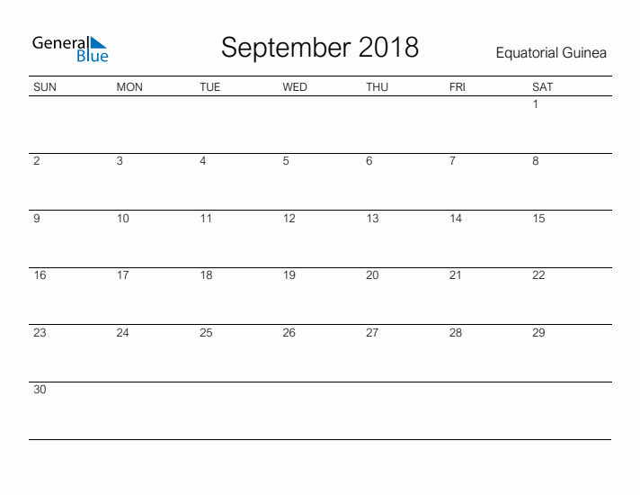 Printable September 2018 Calendar for Equatorial Guinea