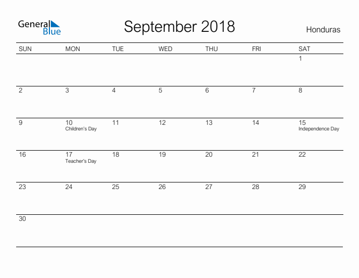 Printable September 2018 Calendar for Honduras