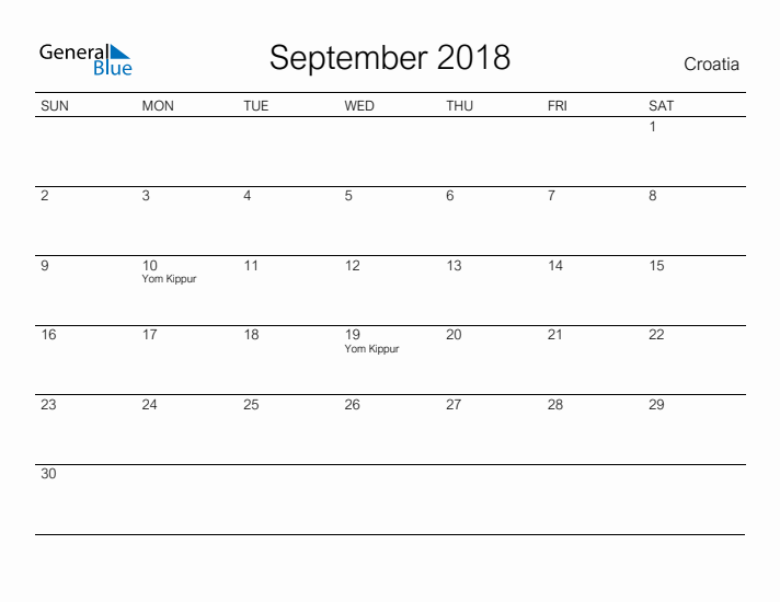 Printable September 2018 Calendar for Croatia