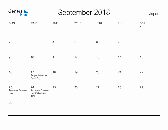 Printable September 2018 Calendar for Japan