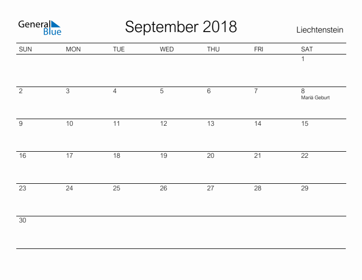 Printable September 2018 Calendar for Liechtenstein