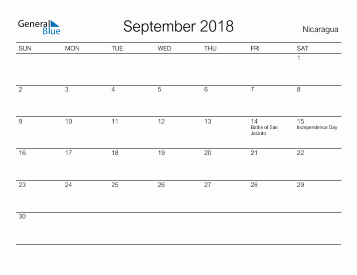 Printable September 2018 Calendar for Nicaragua