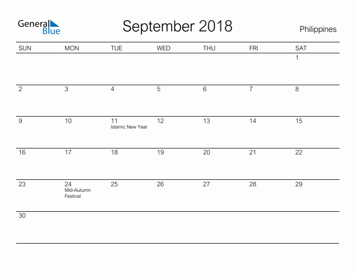 Printable September 2018 Calendar for Philippines