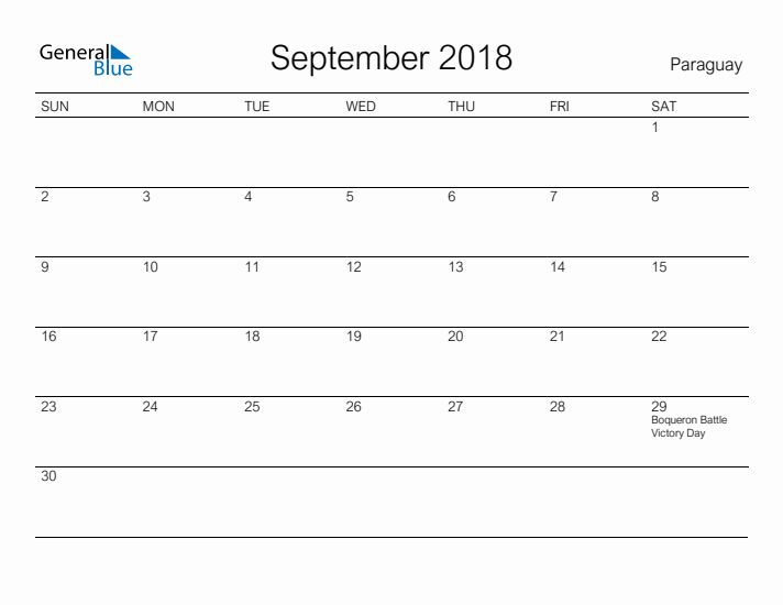 Printable September 2018 Calendar for Paraguay