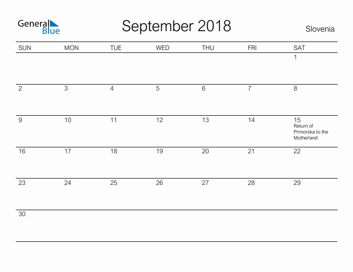 Printable September 2018 Calendar for Slovenia