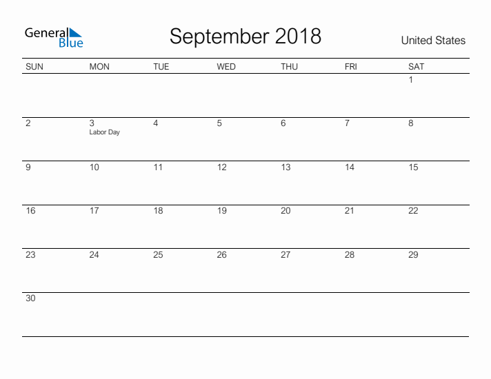 Printable September 2018 Calendar for United States