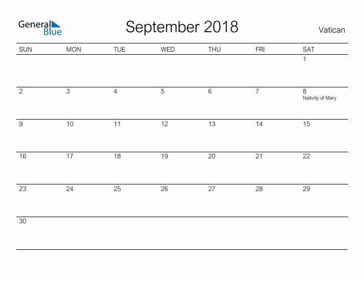 Printable September 2018 Calendar for Vatican