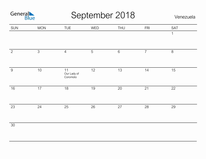 Printable September 2018 Calendar for Venezuela