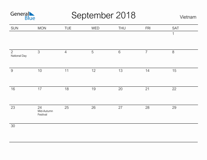 Printable September 2018 Calendar for Vietnam