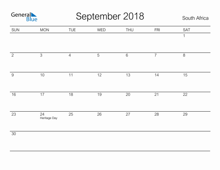 Printable September 2018 Calendar for South Africa