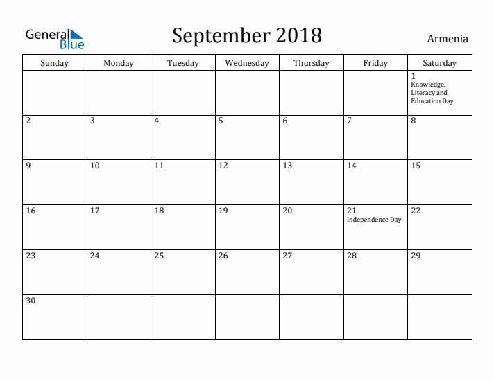 September 2018 Calendar Armenia