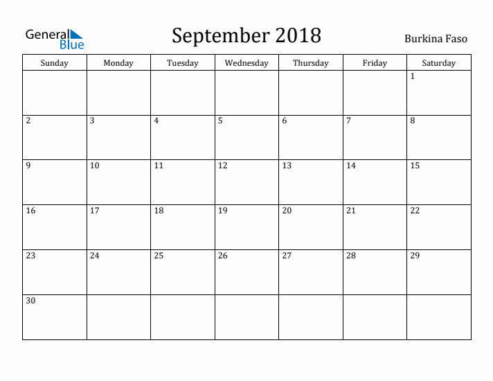 September 2018 Calendar Burkina Faso