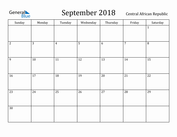 September 2018 Calendar Central African Republic