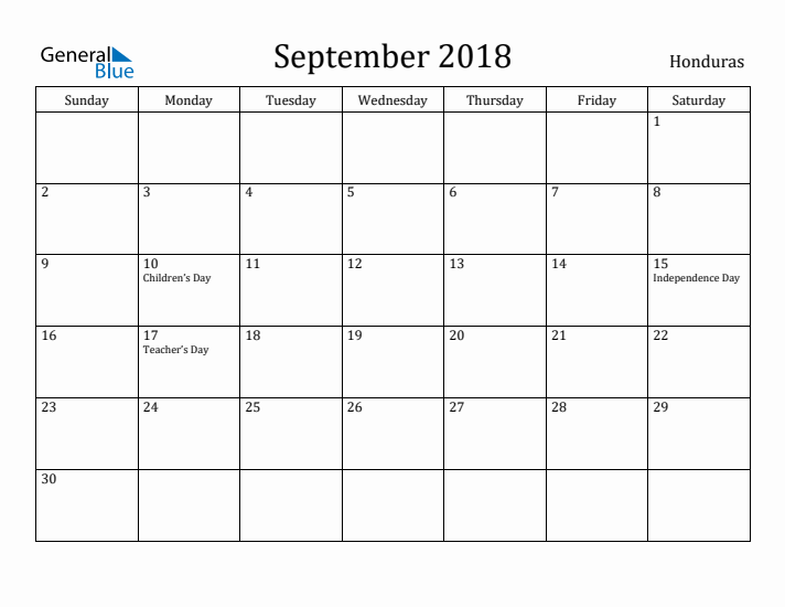 September 2018 Calendar Honduras