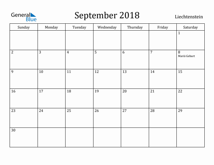 September 2018 Calendar Liechtenstein