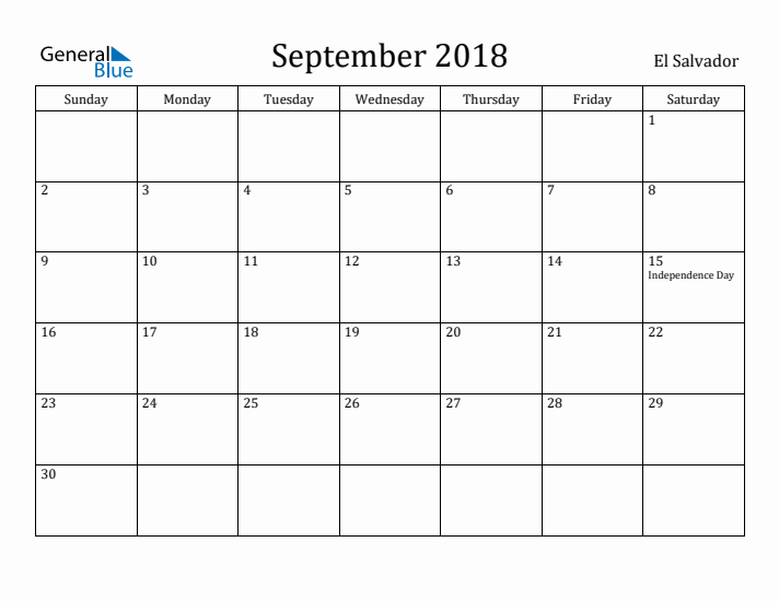 September 2018 Calendar El Salvador