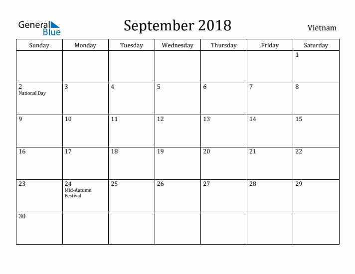 September 2018 Calendar Vietnam