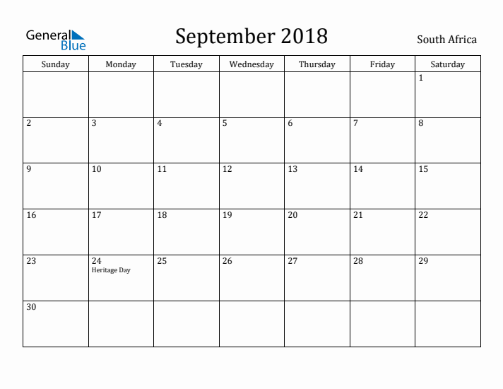 September 2018 Calendar South Africa