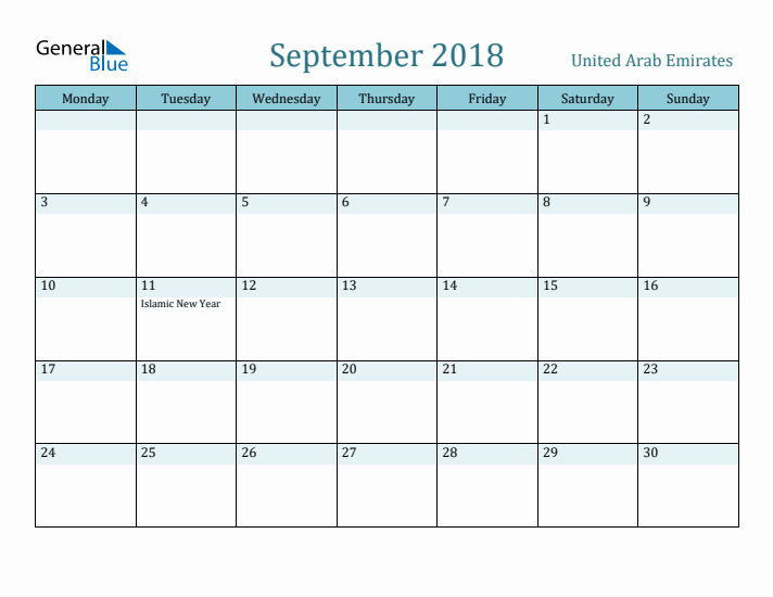 September 2018 Calendar with Holidays