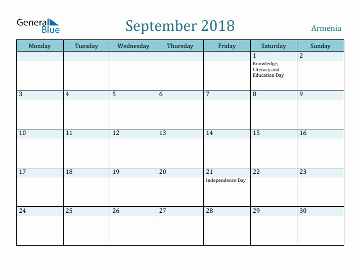 September 2018 Calendar with Holidays