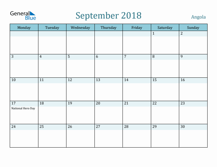 September 2018 Calendar with Holidays