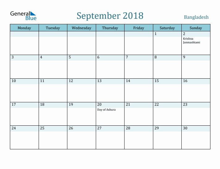 September 2018 Calendar with Holidays