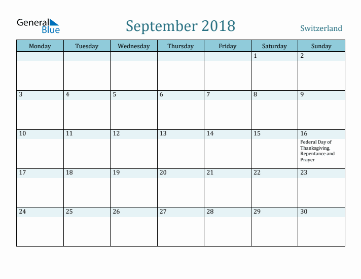 September 2018 Calendar with Holidays