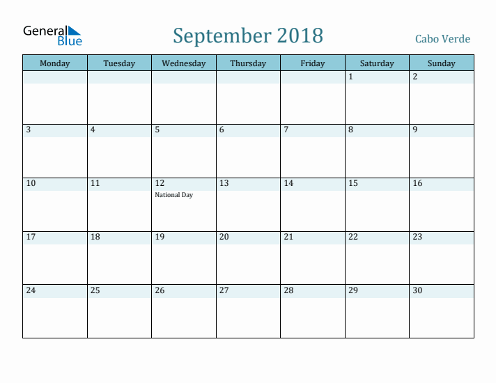 September 2018 Calendar with Holidays