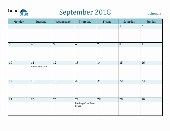 September 2018 Calendar with Holidays