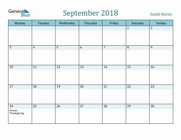 September 2018 Calendar with Holidays