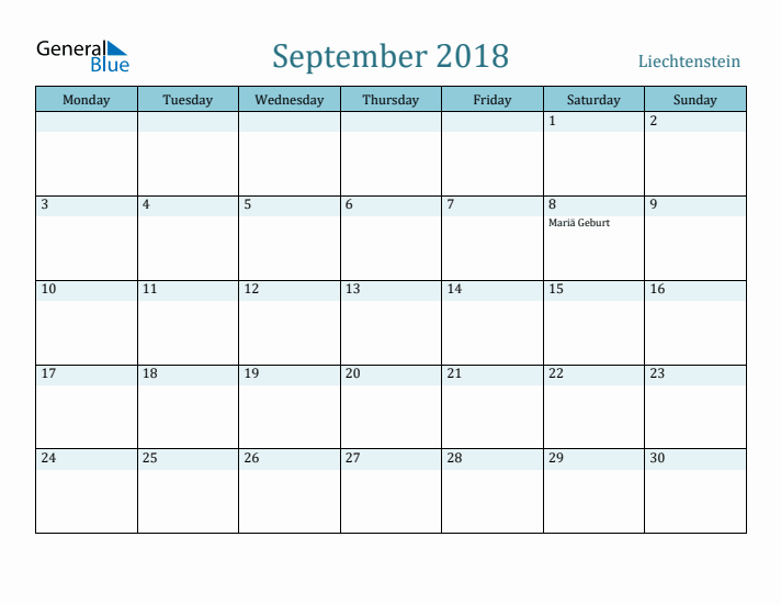 September 2018 Calendar with Holidays